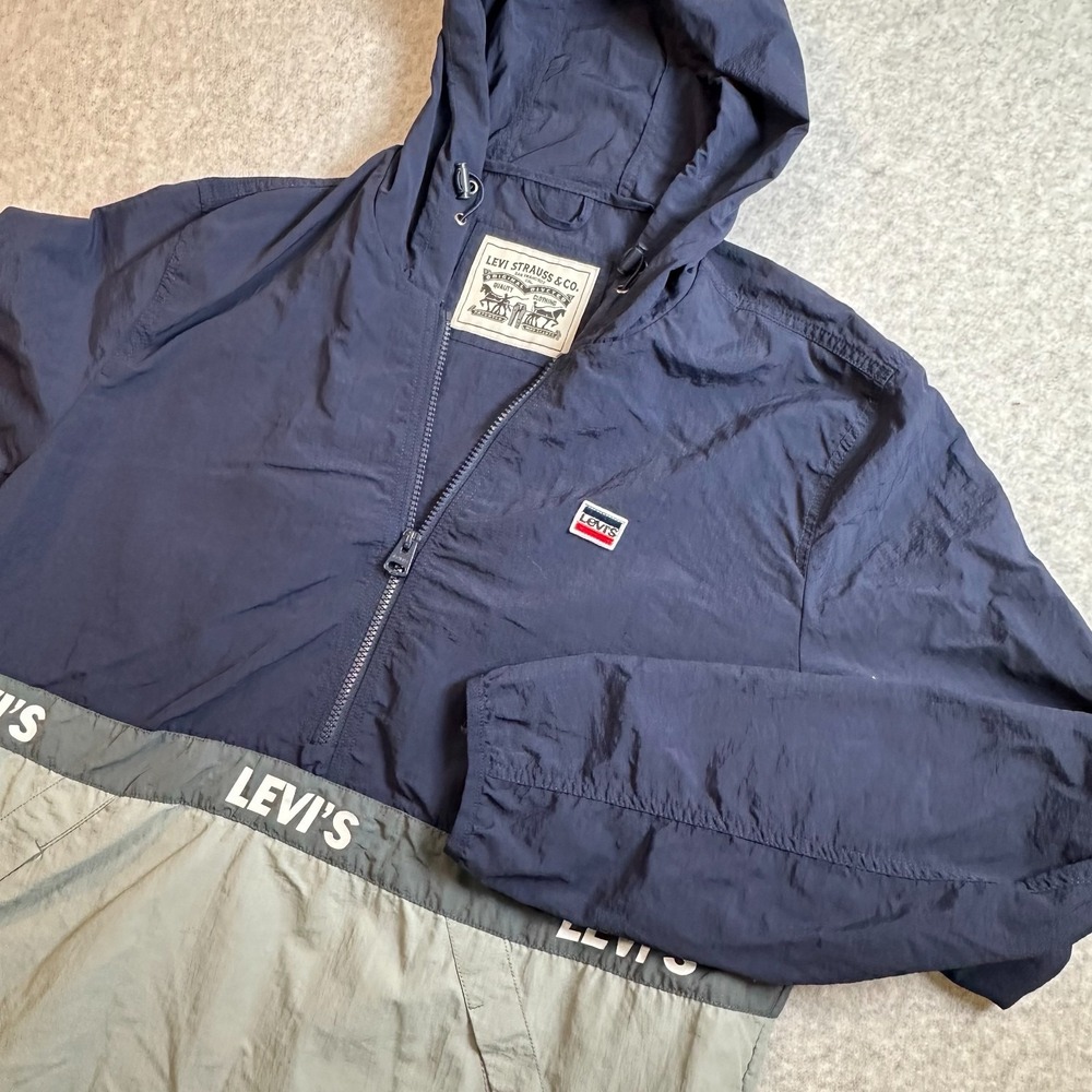 Levis Hooded Jacket Mens Large Blue Gray Pullover Windbreaker Lightweight